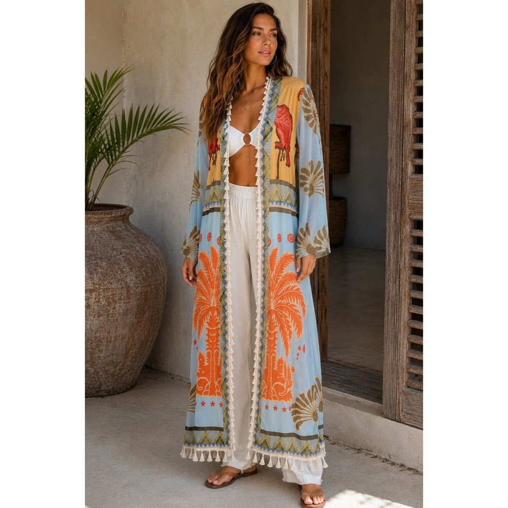 Tropical Parrot Mesh Duster Kimono Coverup Blue Yellow Tassel‎ Fringe S-M Resort